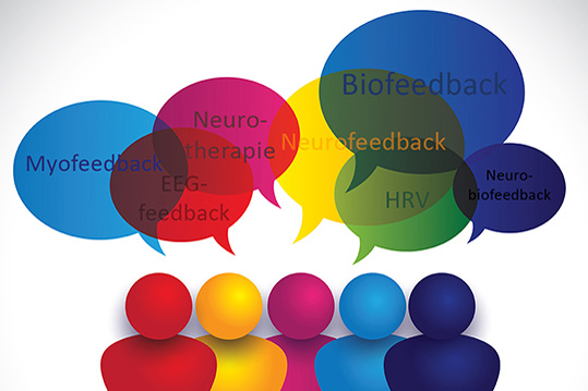 Infographic met gekleurde tekstballonnen over biofeedback, neurofeedback, myofeedback, EEG-feedback, HRV en neuro-biofeedback
