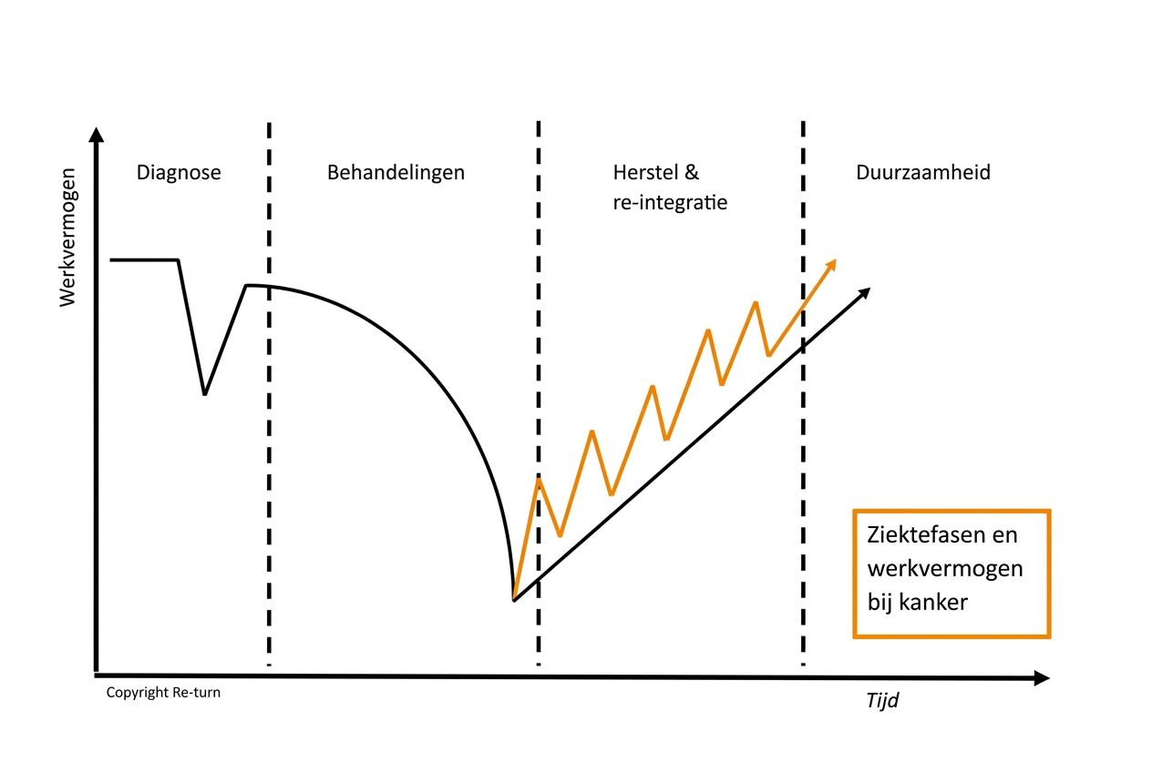 Grafiek van ziektefasen en werkvermogen bij kanker: diagnose, behandelingen, herstel & re-integratie en duurzaamheid